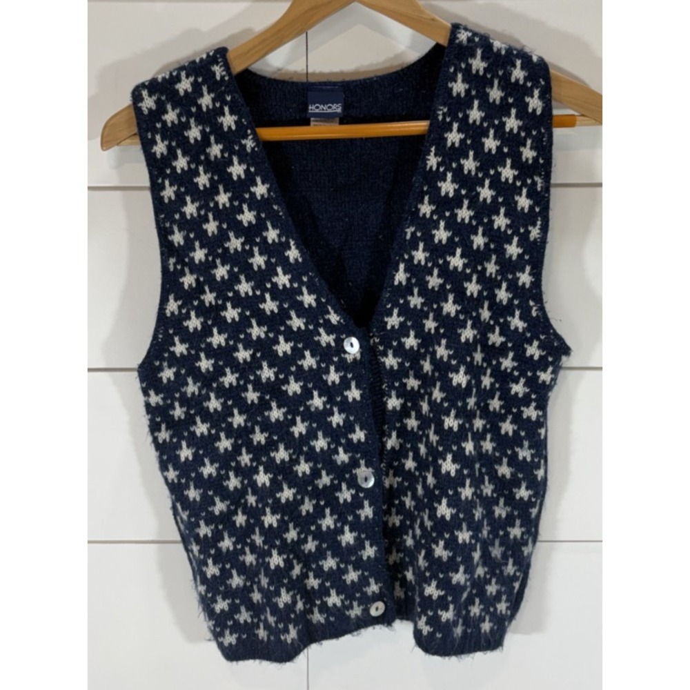Vintage 90s Honors Womens Sweater Vest Navy Blue White Pattern Chunky Knit Sz XL